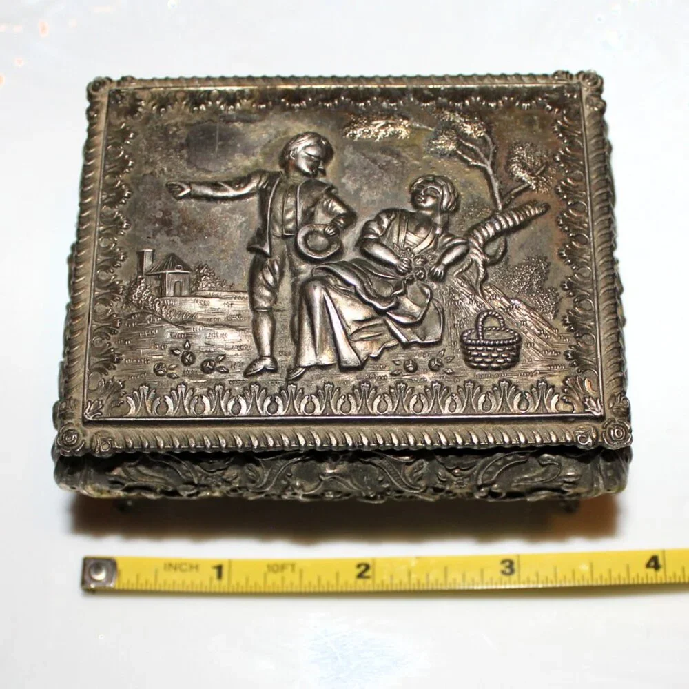 Vintage Japan Silver Jewelry Box Romantic Repoussé Trinket Case with Red Velvet
